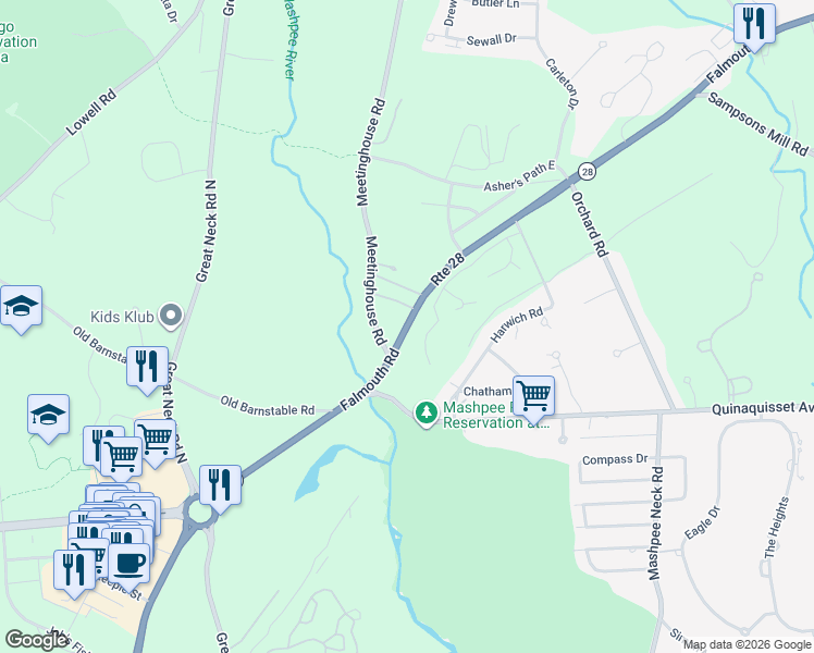 map of restaurants, bars, coffee shops, grocery stores, and more near 372 Falmouth Road in Mashpee