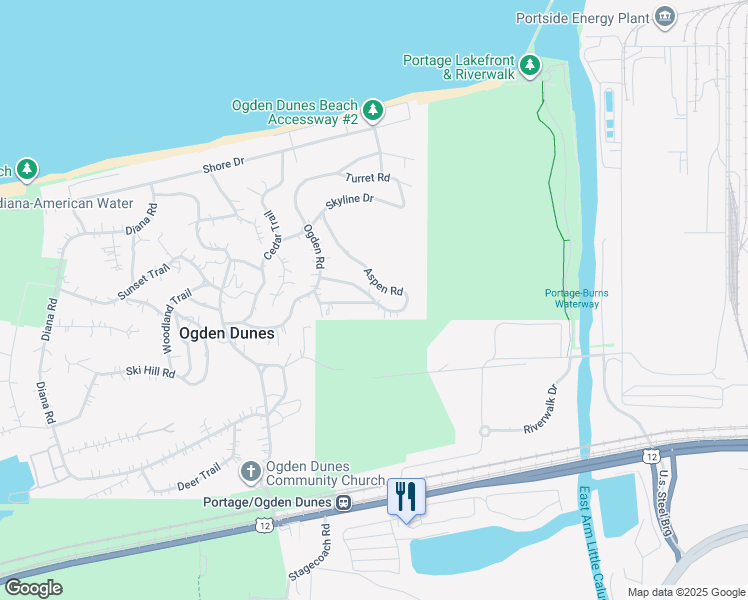 map of restaurants, bars, coffee shops, grocery stores, and more near 46 Aspen Road in Portage