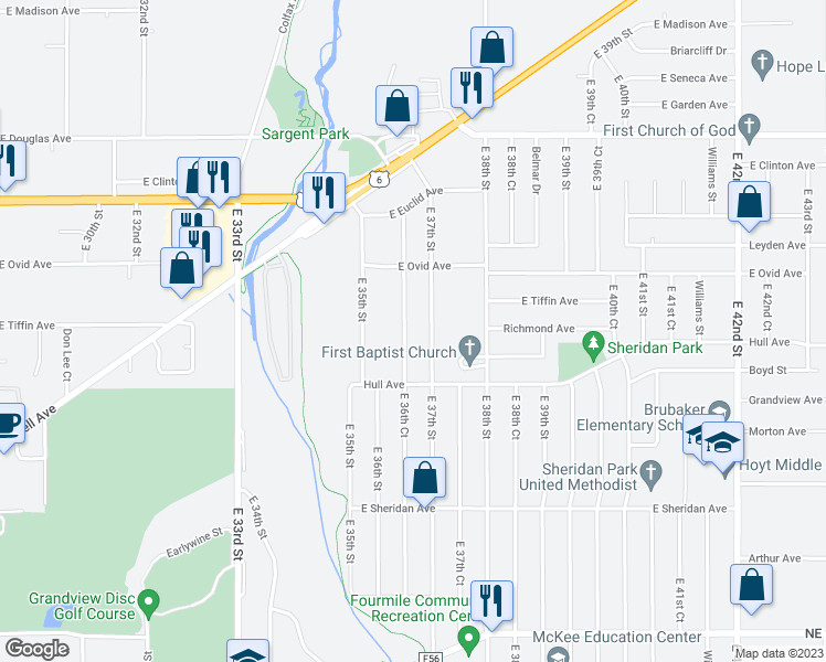 map of restaurants, bars, coffee shops, grocery stores, and more near 3121 East 36th Court in Des Moines