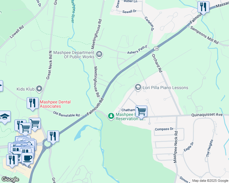 map of restaurants, bars, coffee shops, grocery stores, and more near 300 Falmouth Rd in Mashpee