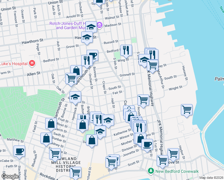 map of restaurants, bars, coffee shops, grocery stores, and more near 24 Crapo Street in New Bedford