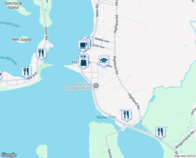 map of restaurants, bars, coffee shops, grocery stores, and more near 17 Summit Avenue in Tiverton