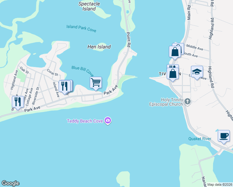 map of restaurants, bars, coffee shops, grocery stores, and more near 193 Seaconnet Boulevard in Portsmouth