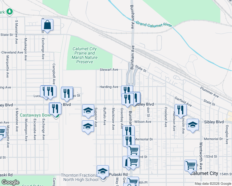 map of restaurants, bars, coffee shops, grocery stores, and more near 456 Greenbay Avenue in Calumet City