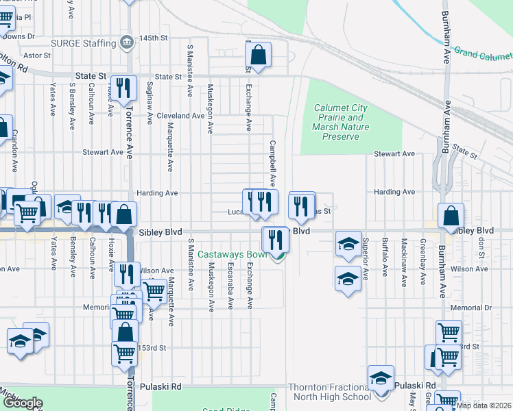 map of restaurants, bars, coffee shops, grocery stores, and more near 1103 Lucas Street in Calumet City