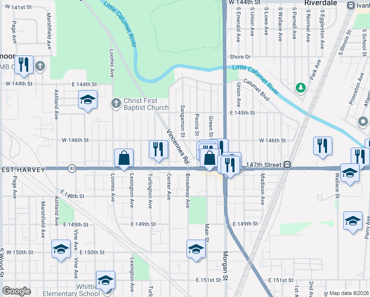map of restaurants, bars, coffee shops, grocery stores, and more near 14623 Vincennes Road in Harvey