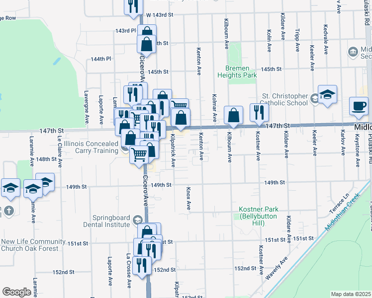map of restaurants, bars, coffee shops, grocery stores, and more near 14739 Kilpatrick Avenue in Midlothian