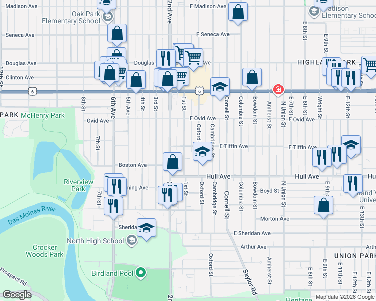 map of restaurants, bars, coffee shops, grocery stores, and more near 3104 Oxford Street in Des Moines