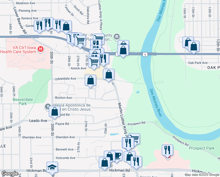 map of restaurants, bars, coffee shops, grocery stores, and more near 2402 Welbeck Road in Des Moines
