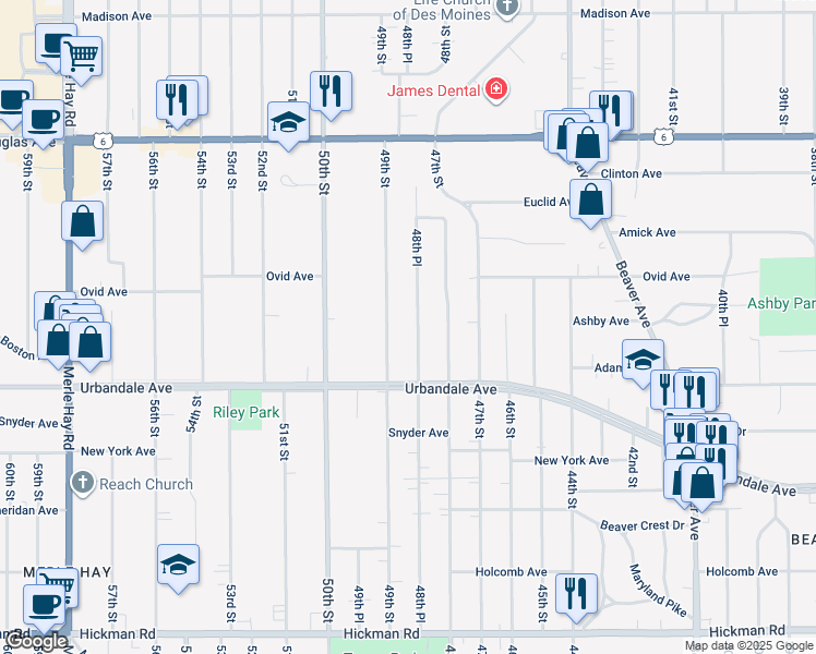 map of restaurants, bars, coffee shops, grocery stores, and more near 3111 48th Place in Des Moines