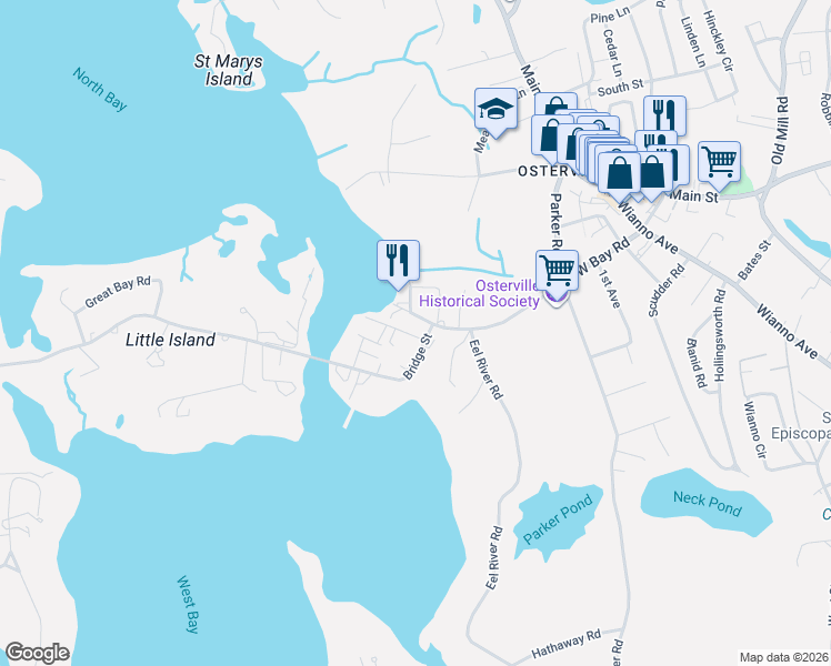 map of restaurants, bars, coffee shops, grocery stores, and more near 18 Peaks Drive in Barnstable