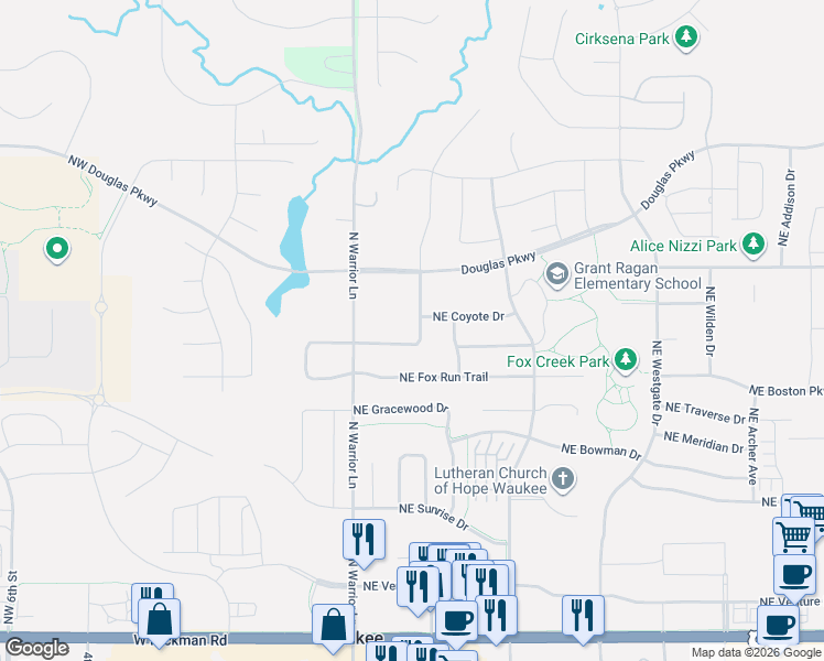 map of restaurants, bars, coffee shops, grocery stores, and more near 570 Northeast Badger Lane in Waukee