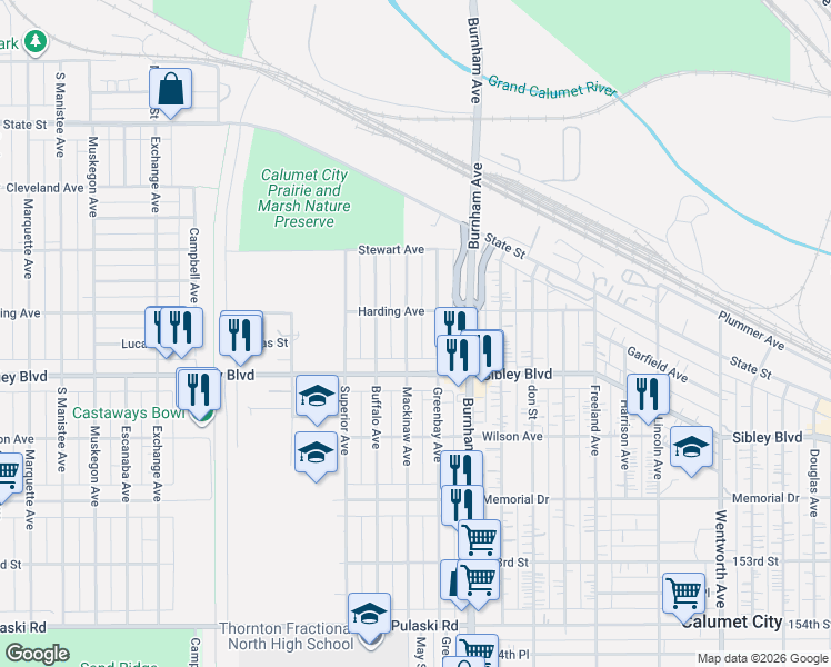 map of restaurants, bars, coffee shops, grocery stores, and more near 456 Greenbay Avenue in Calumet City