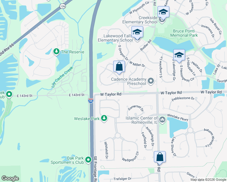 map of restaurants, bars, coffee shops, grocery stores, and more near 2054 Kentland Drive in Romeoville