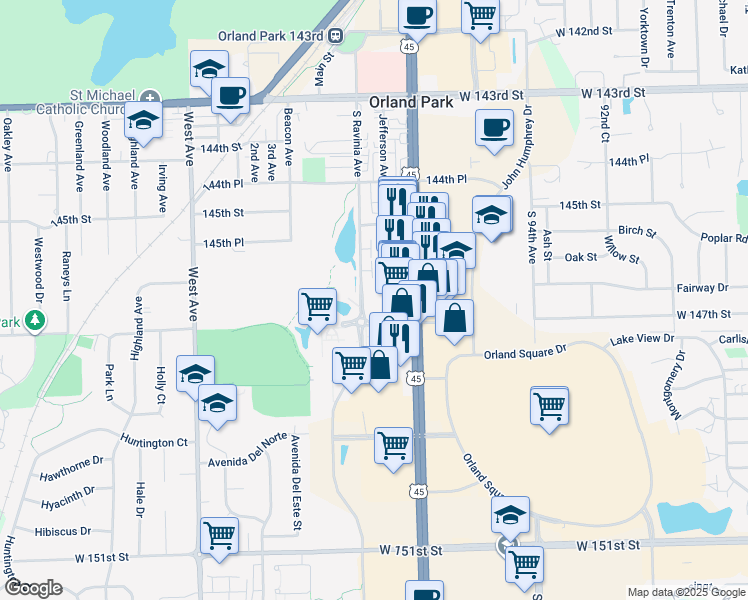 map of restaurants, bars, coffee shops, grocery stores, and more near 14680 South La Grange Road in Orland Park