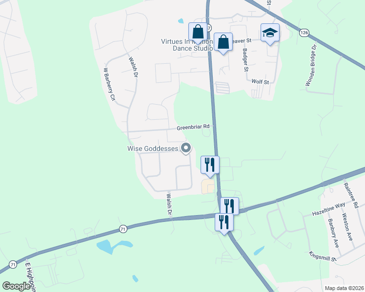 map of restaurants, bars, coffee shops, grocery stores, and more near 300 Walsh Circle in Yorkville