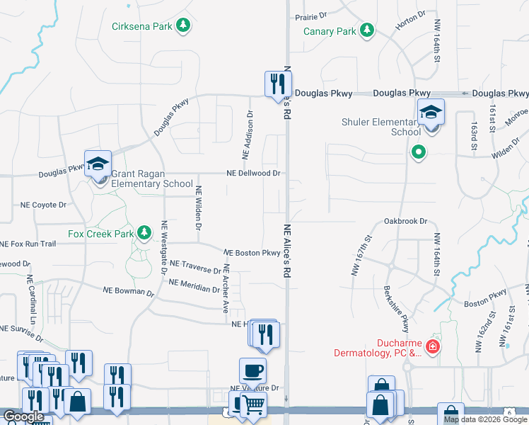 map of restaurants, bars, coffee shops, grocery stores, and more near 660 Northeast Alice's Road in Waukee