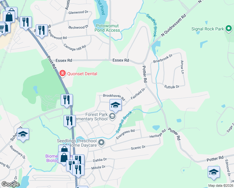 map of restaurants, bars, coffee shops, grocery stores, and more near 185 Brookhaven Road in North Kingstown