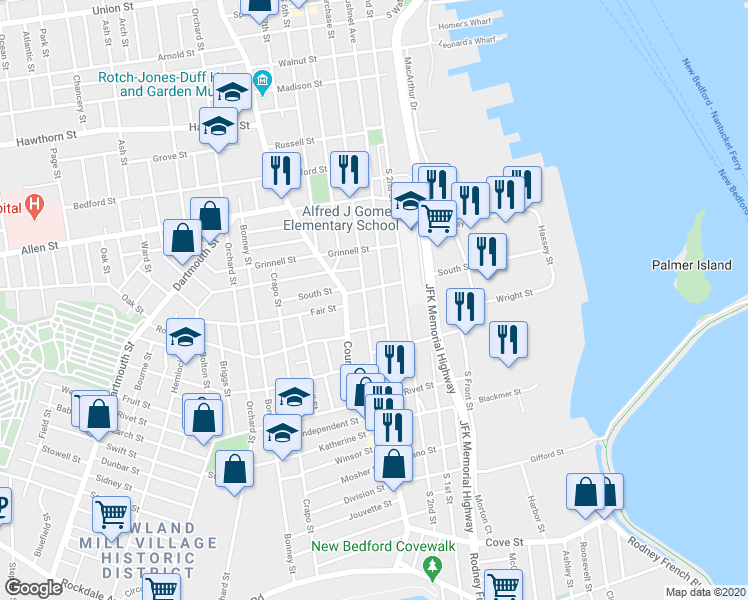 map of restaurants, bars, coffee shops, grocery stores, and more near 68 South Street in New Bedford