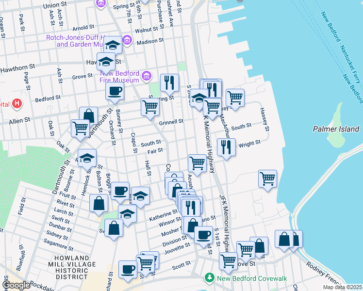 map of restaurants, bars, coffee shops, grocery stores, and more near 100 Acushnet Avenue in New Bedford