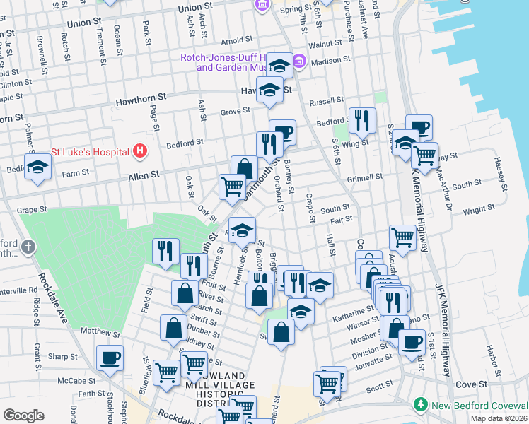 map of restaurants, bars, coffee shops, grocery stores, and more near 127 Fair Street in New Bedford