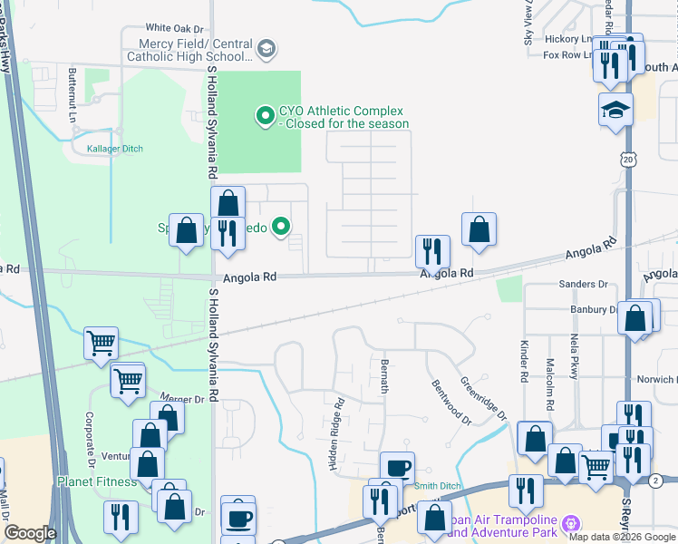 map of restaurants, bars, coffee shops, grocery stores, and more near 5715 Angola Road in Toledo