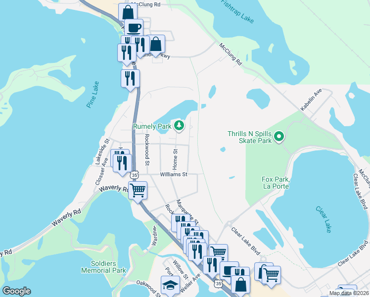 map of restaurants, bars, coffee shops, grocery stores, and more near 521-537 Fremont Street in La Porte