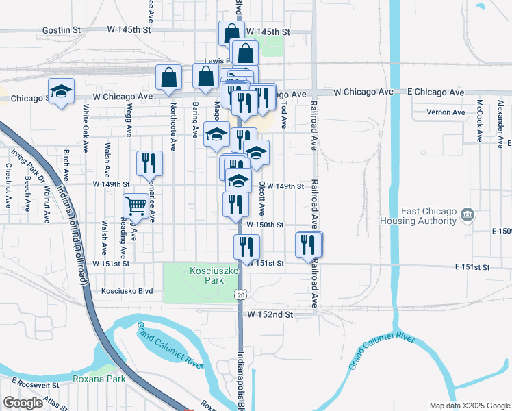 map of restaurants, bars, coffee shops, grocery stores, and more near 712 West 150th Street in East Chicago