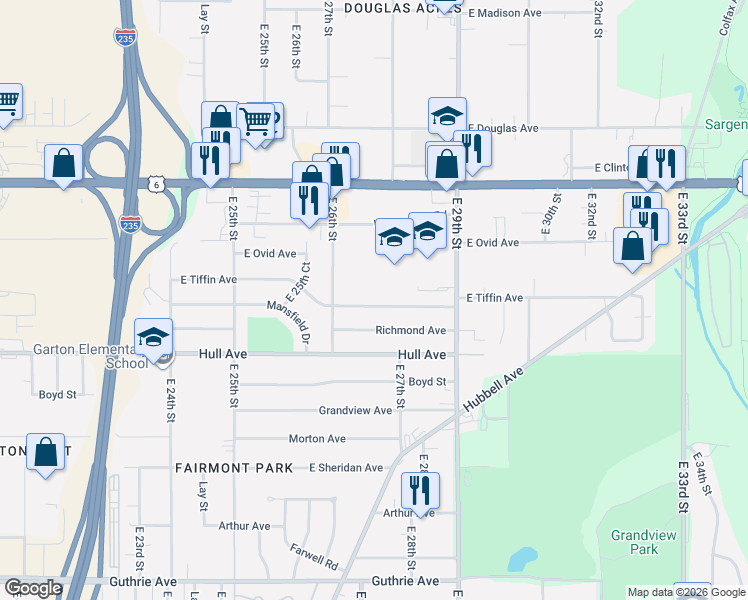 map of restaurants, bars, coffee shops, grocery stores, and more near 2707 East Tiffin Avenue in Des Moines