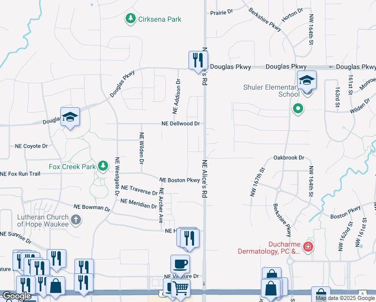 map of restaurants, bars, coffee shops, grocery stores, and more near 660 Northeast Alice's Road in Waukee