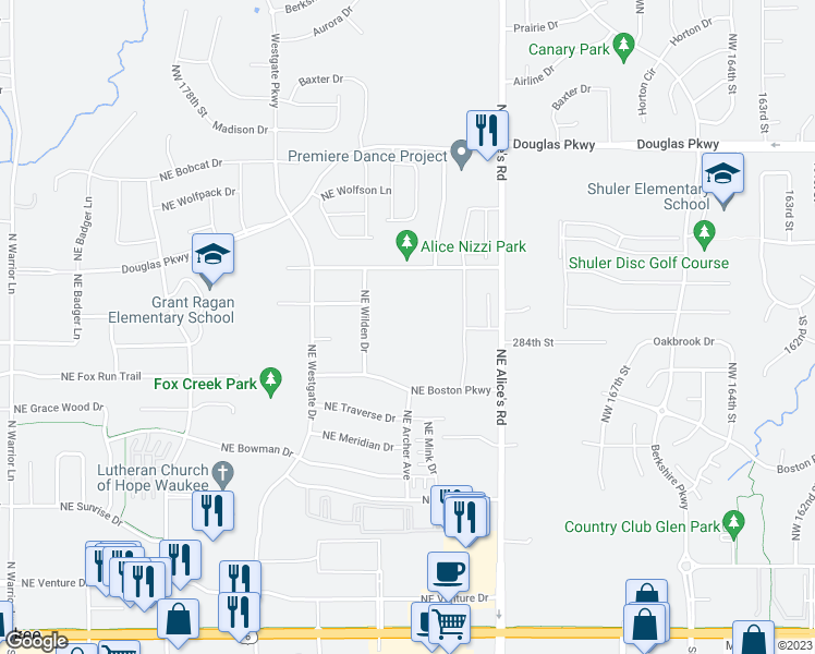 map of restaurants, bars, coffee shops, grocery stores, and more near Northeast Boston Parkway in Waukee