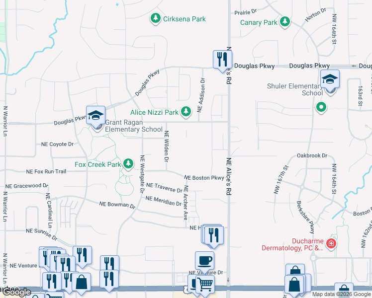 map of restaurants, bars, coffee shops, grocery stores, and more near Northeast Boston Parkway in Waukee
