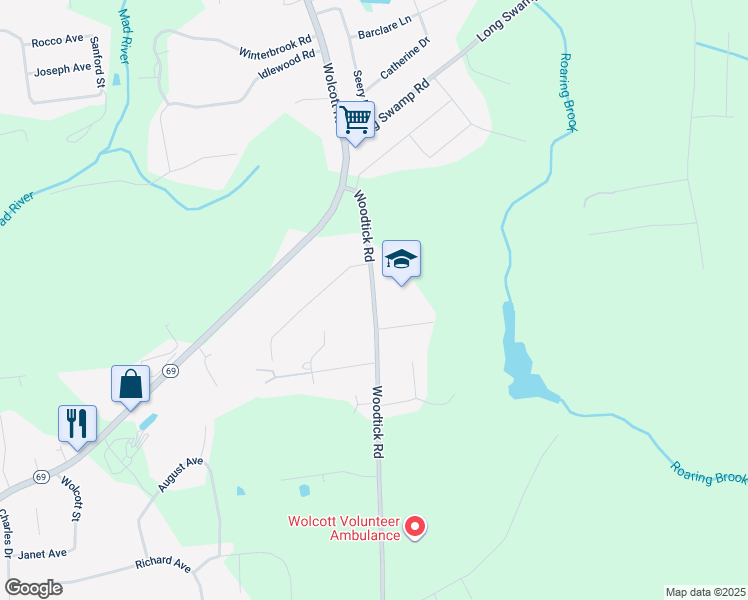 map of restaurants, bars, coffee shops, grocery stores, and more near 1490 Woodtick Road in Wolcott