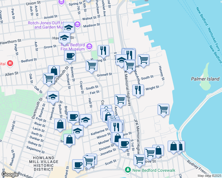 map of restaurants, bars, coffee shops, grocery stores, and more near 68 North St in New Bedford