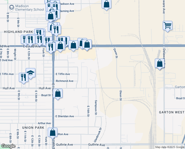 map of restaurants, bars, coffee shops, grocery stores, and more near 1640 Hull Avenue in Des Moines