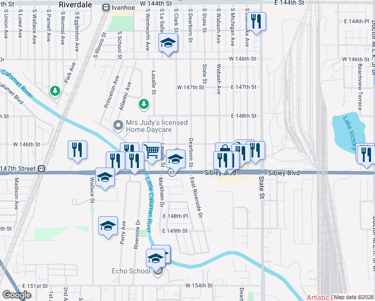 map of restaurants, bars, coffee shops, grocery stores, and more near 14908 Dearborn Street in Dolton