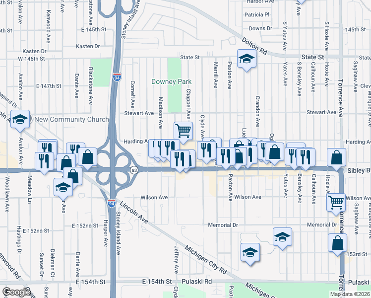 map of restaurants, bars, coffee shops, grocery stores, and more near 2150 Sibley Blvd in Calumet City