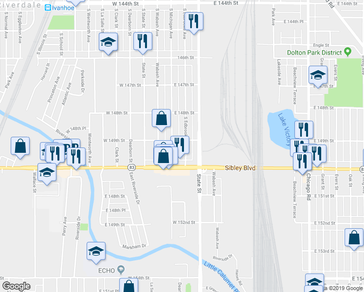 map of restaurants, bars, coffee shops, grocery stores, and more near 14908 Edbrooke Avenue in Dolton