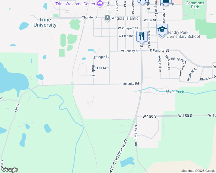 map of restaurants, bars, coffee shops, grocery stores, and more near 201 Fox Lake Road in Angola