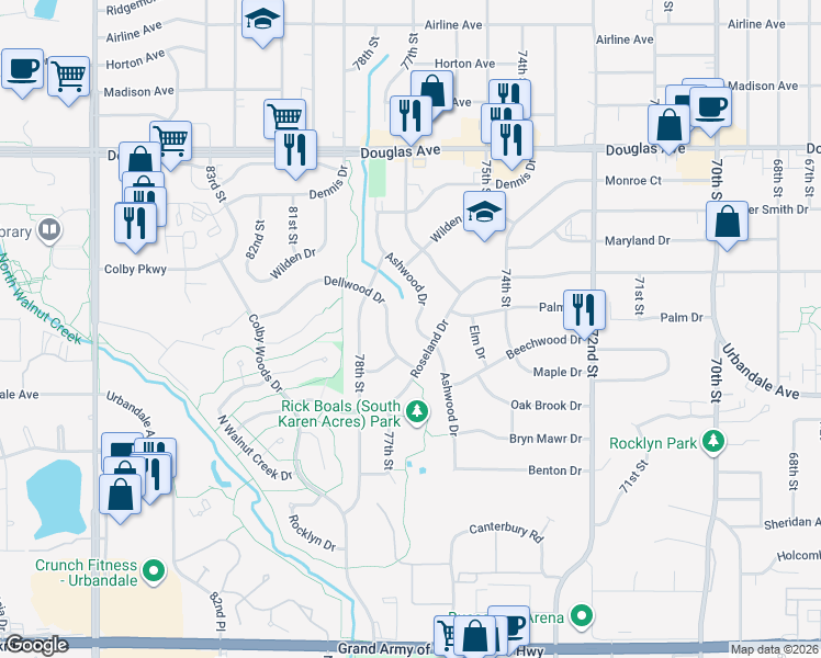 map of restaurants, bars, coffee shops, grocery stores, and more near 7707 Dellwood Drive in Urbandale
