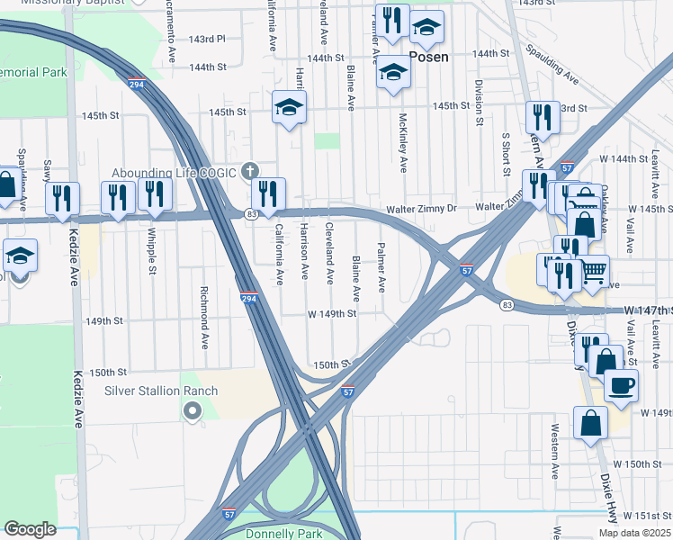 map of restaurants, bars, coffee shops, grocery stores, and more near 14807 Cleveland Avenue in Posen