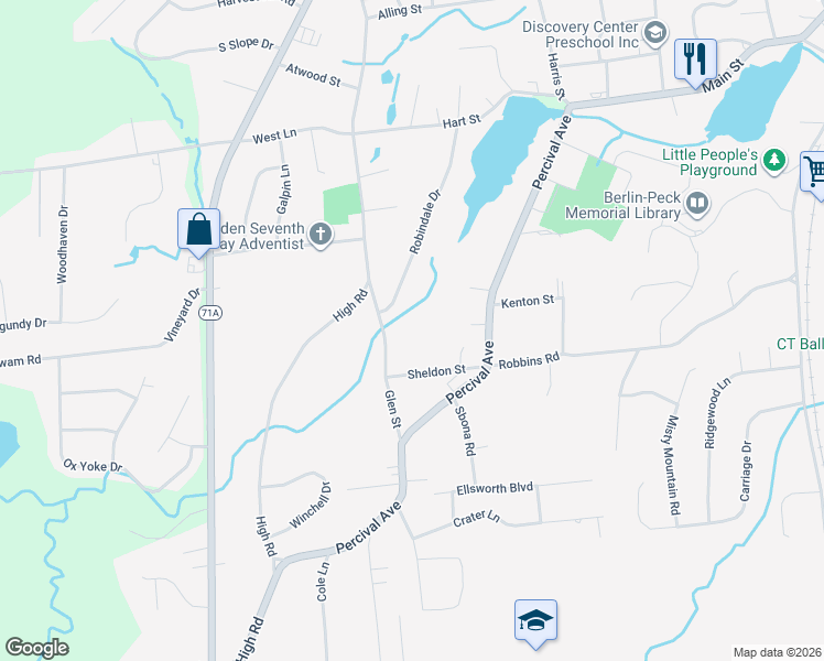 map of restaurants, bars, coffee shops, grocery stores, and more near 85 Glen Street in Berlin