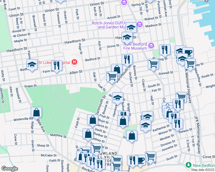 map of restaurants, bars, coffee shops, grocery stores, and more near 147 Dartmouth Street in New Bedford