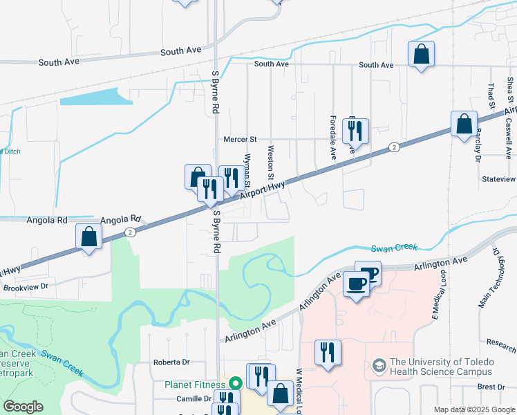 map of restaurants, bars, coffee shops, grocery stores, and more near 3375 Airport Highway in Toledo
