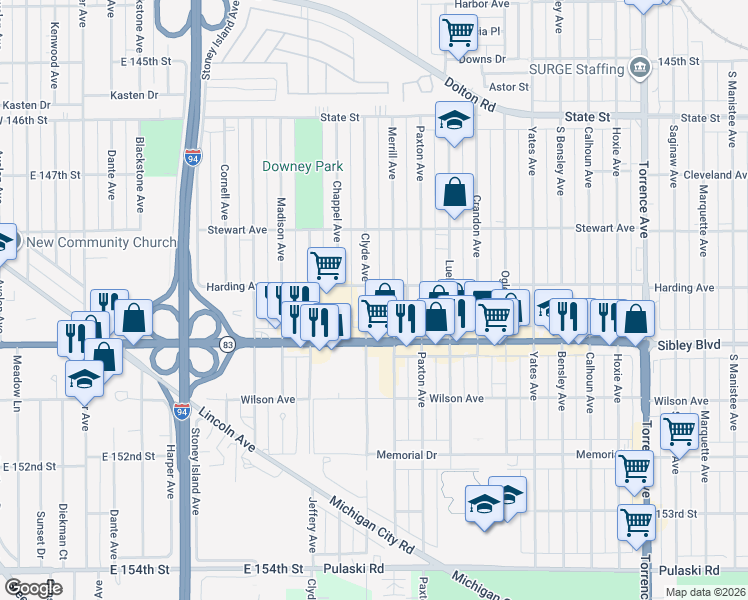 map of restaurants, bars, coffee shops, grocery stores, and more near 1910 Sibley Boulevard in Calumet City