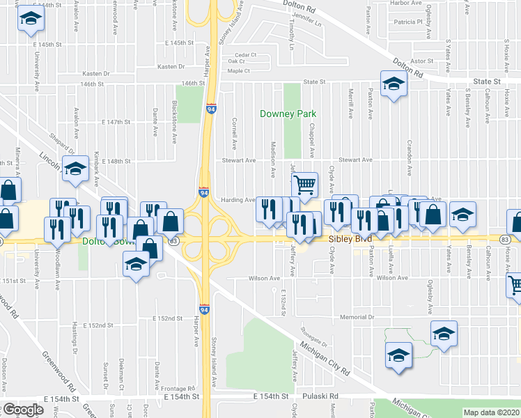 map of restaurants, bars, coffee shops, grocery stores, and more near 457 Prairie Avenue in Calumet City