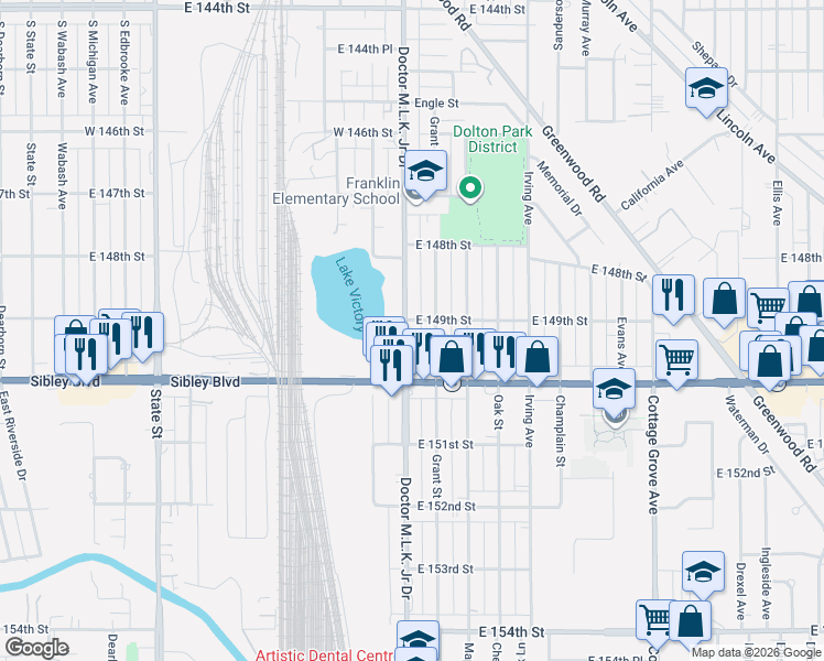 map of restaurants, bars, coffee shops, grocery stores, and more near 14918 Doctor Martin Luther King Junior Drive in Dolton