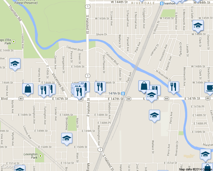 map of restaurants, bars, coffee shops, grocery stores, and more near 14620 Des Plaines Street in Harvey