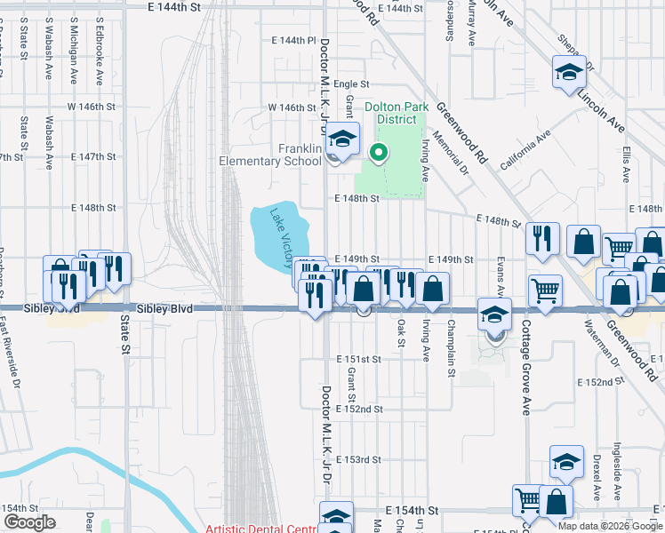 map of restaurants, bars, coffee shops, grocery stores, and more near 14918 Doctor Martin Luther King Junior Drive in Dolton