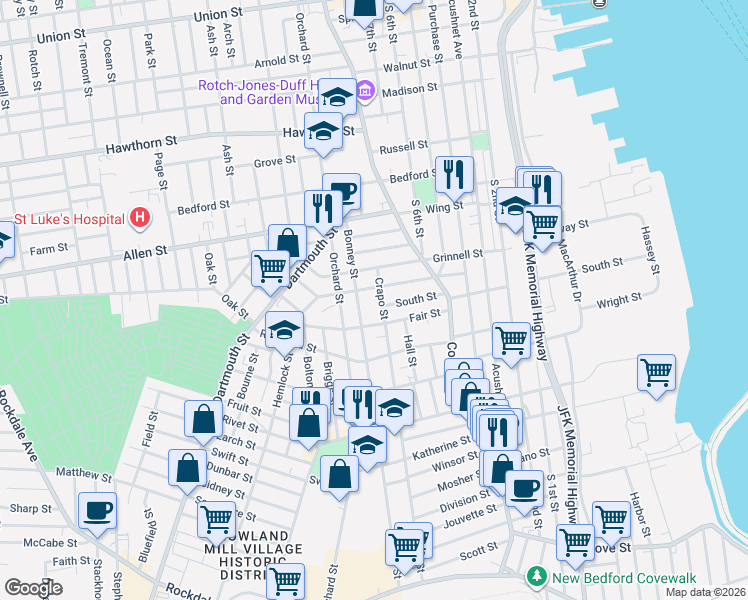 map of restaurants, bars, coffee shops, grocery stores, and more near 24 Crapo Street in New Bedford